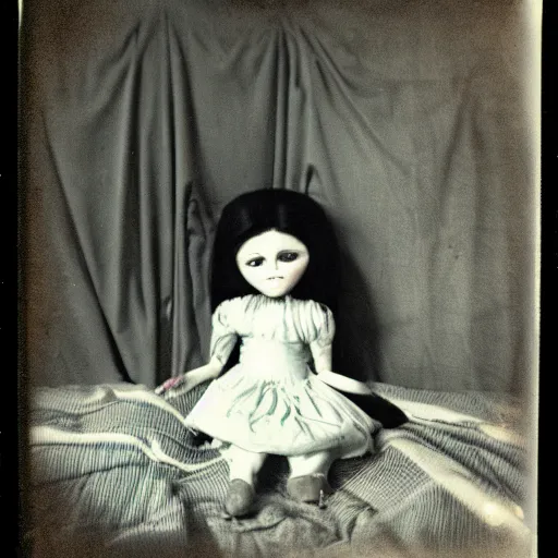 Prompt: a very beautiful old polaroid picture of a creepy doll in a bedroom on a bed, award winning photography