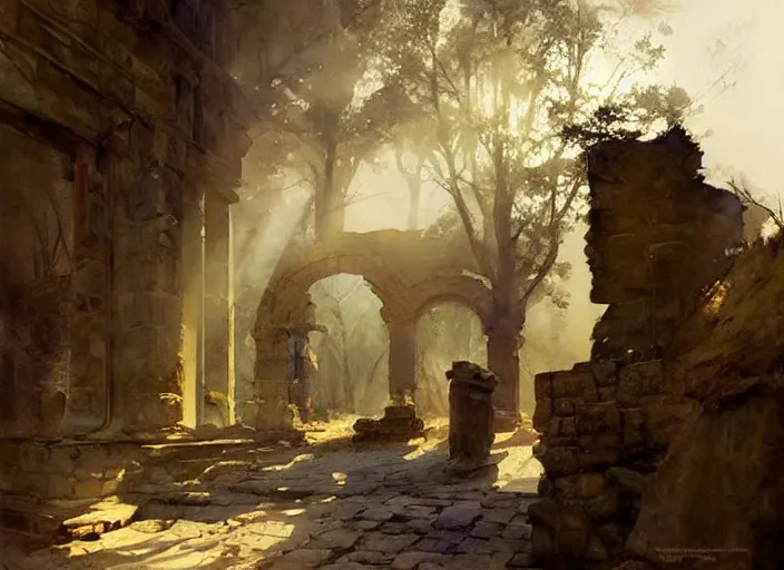 Prompt: watercolor painting of rocky roman ruins, old signs, walls, very beautiful ambient lighting, sun rays, dust, art by anders zorn, wonderful masterpiece by greg rutkowski, cinematic light, american romanticism by greg manchess, creation by tyler edlin