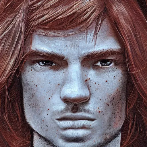 Image similar to portrait of a teen boy with long red hair and a lot of freckles and muscular, intricate, highly detailed, digital painting, artstation, sharp focus, illustration