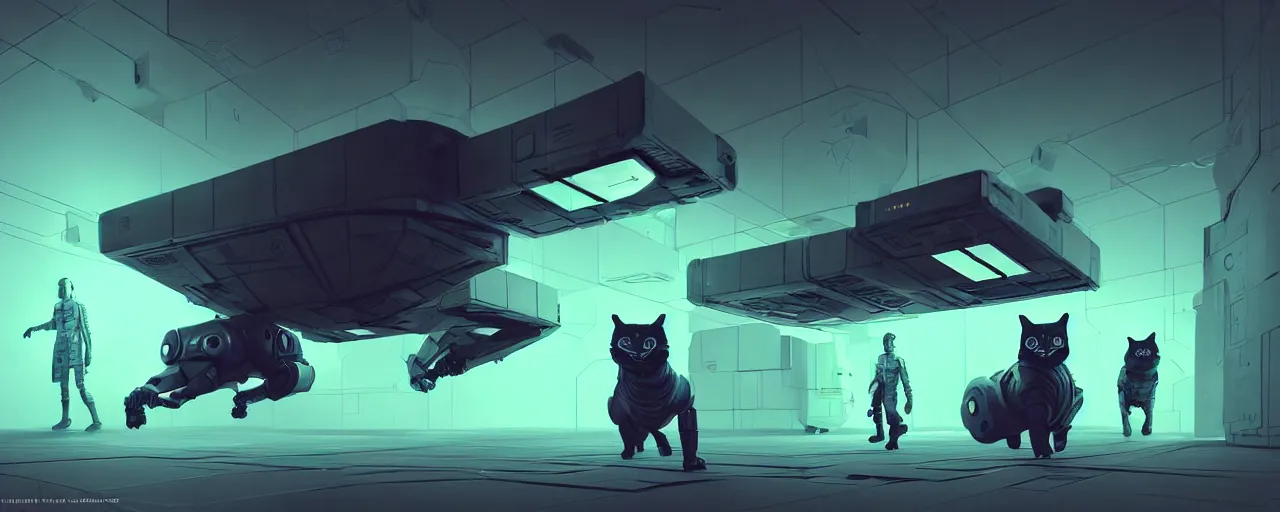 Image similar to duotone noir scifi concept dynamic illustration of 3 d mesh of robotic cats inside box floating zero gravity glowing 3 d mesh portals futuristic, glowing eyes, octane render, surreal atmosphere, volumetric lighting. accidental renaissance. by sachin teng and sergey kolesov and ruan jia and heng z. graffiti art, scifi, fantasy, hyper detailed. trending on artstation