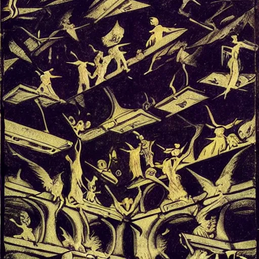 Prompt: box of ghosts, by M.C. Escher, by Joseph Cornell, by Francisco Goya, fairy-tale illustration style, very detailed, colorful, beautiful, eerie, surreal, psychedelic