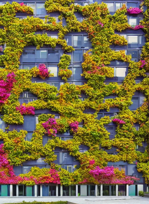 Image similar to brutalist buildings covered in colorful vines and flowers by Denys Lasdun William Morris and Mies van Der Rohe, artstation, masterpiece