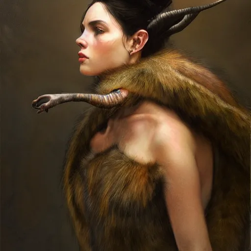 Prompt: of a beautiful brunette woman with a wolf intricate skin, fur, silicone cover, elegant, peaceful, full body, horns, hyper realistic, extremely detailed, dnd character art portrait, fantasy art, intricate fantasy painting, dramatic lighting, vivid colors, deviant art, artstation, by edgar maxence and caravaggio and michael whelan and delacroix