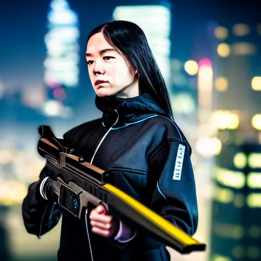 Image similar to photographic portrait of a techwear woman holding a shotgun, holding shotgun down, closeup, on the rooftop of a futuristic city at night, sigma 85mm f/1.4, 4k, depth of field, high resolution, full color, award winning photography, inspired by Kill Bill, inspired by John Wick, inspired by Die Hard, movies with guns, movie firearms