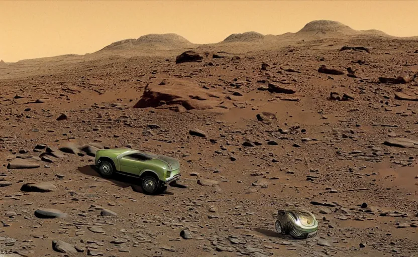 Image similar to on mars, two green alien Martians are hiding behind rocks, a white nasa rover rolls around, funny matte painting in the style of James Gurney