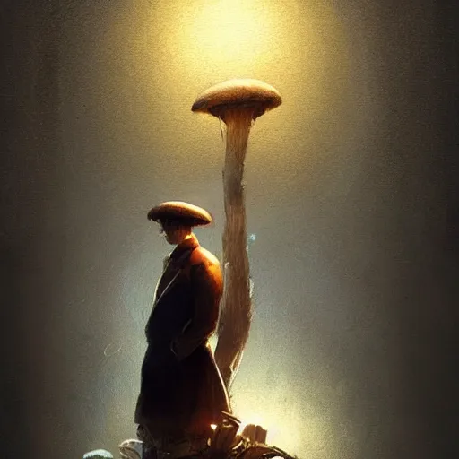 Prompt: a well - dressed mushroom man with a mushroom for a head, dramatic lighting, illustration by greg rutkowski, yoji shinkawa, 4 k, digital art, concept art, trending on artstation