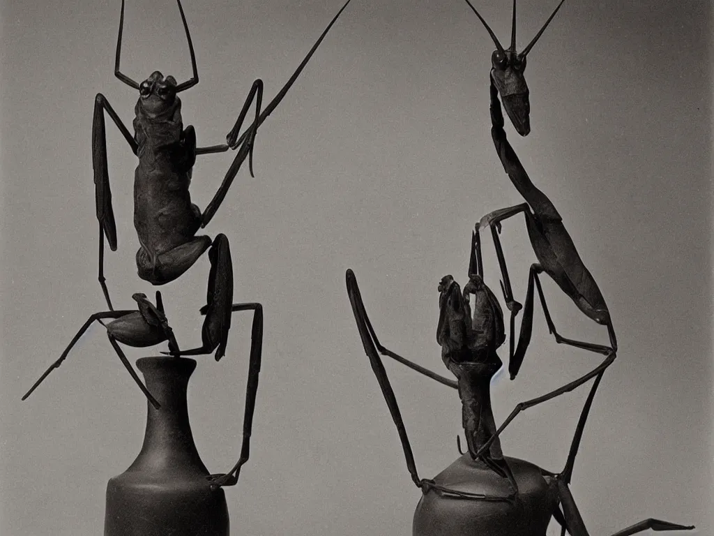 Image similar to sculpted artistic gothic candle amphora in the shape of a praying mantis. karl blossfeldt, salvador dali