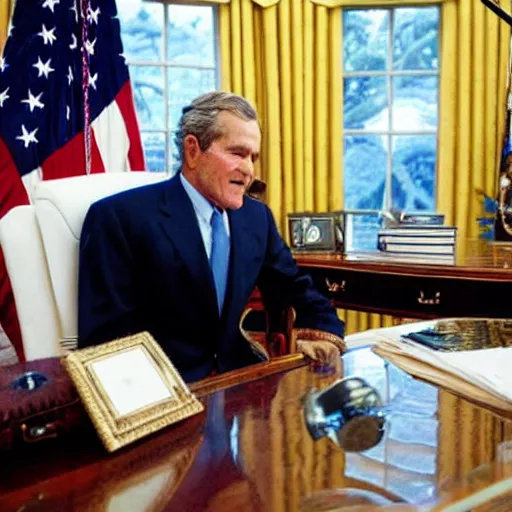 Prompt: president bush, wear astronaut helmet, in oval office, realistic