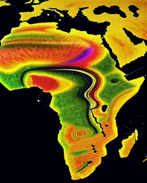 Image similar to a extremely ultra highly detailed hi - res ultra highly detailed colorful logo of africa black background, zoom out, 8 k, high textures, ultra hyper sharp, insanely detailed and intricate, super detailed, 3 d render, 8 k hdr ultra high quality high polygon, psychedelic, retro wave, digital art,