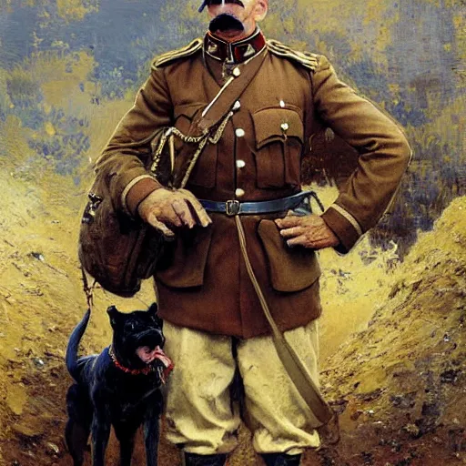 Prompt: old dog with big mustache dressed as a veteran colonel of the first world war german army, highly detailed painting by gaston bussiere, craig mullins, j. c. leyendecker