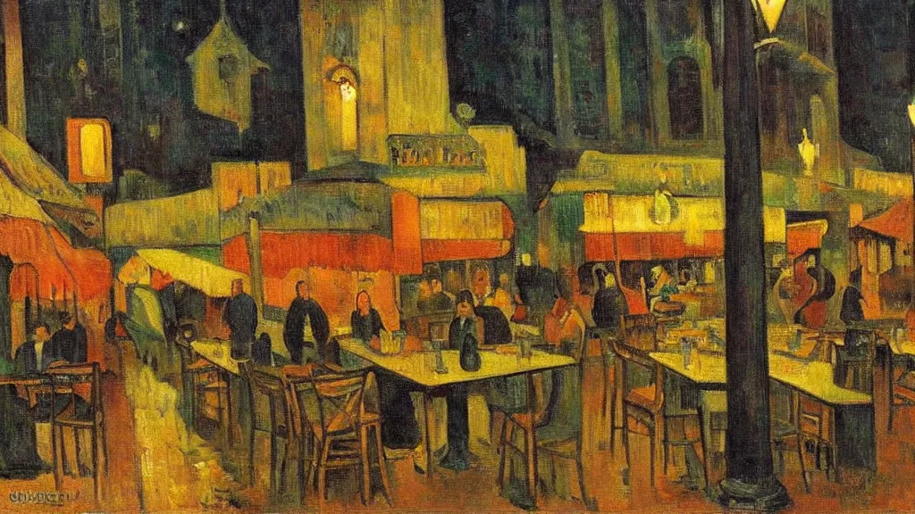 Prompt: oil on canvas of night cafe at arles, laid - back atmosphere, detailed, cinematic, by aul gauguin