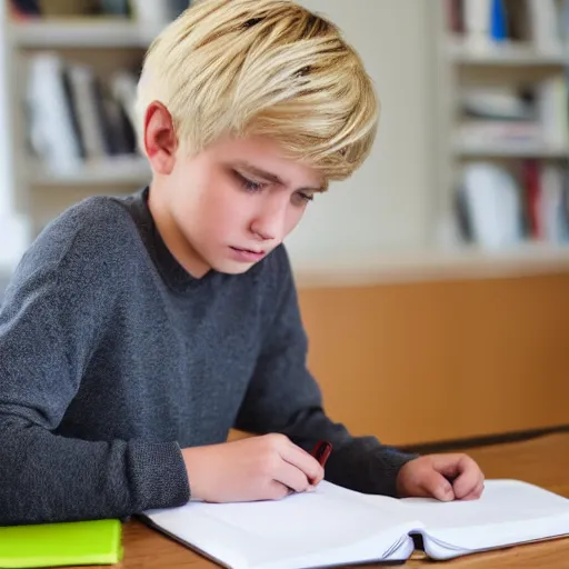 Image similar to boy with blonde hair doing homework