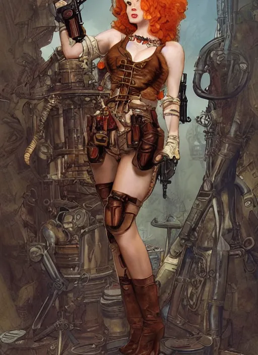 Prompt: 8K, realistic ginger Lady Mechanika in a Comic Book cover, holding a shotgun, and wearing victorian goggles in a ultradetailed Steampunk scenary, smooth, sharp focus, illustration. Art by Artgerm and Peter Andrew Jones and Pete Tapang and Alina Ivanchenko and Hirokazu Yokohara and Kago Shintaro. Trending on artstation, featured in Deviantart, Wallhaven Wallpaper, sharp focus, D&D, detailed, intricate, cinematic lighting,