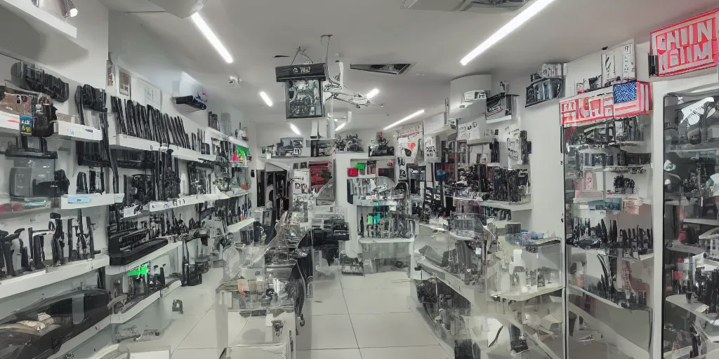 Image similar to a photo of a clean alien shop that sells guns, futuristic, holographic, 8k, sharp focus, Fujifilm