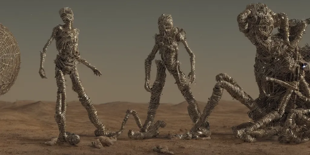 Image similar to A George Miller film, an ornate real character made out of intricate metallic filament webs and Endocrine system built out of dust and light, floating in the desert night, hyper-realism, very detailed feel, rendered in Octane, tiny points of light, caustic, 4k, beautiful lighting