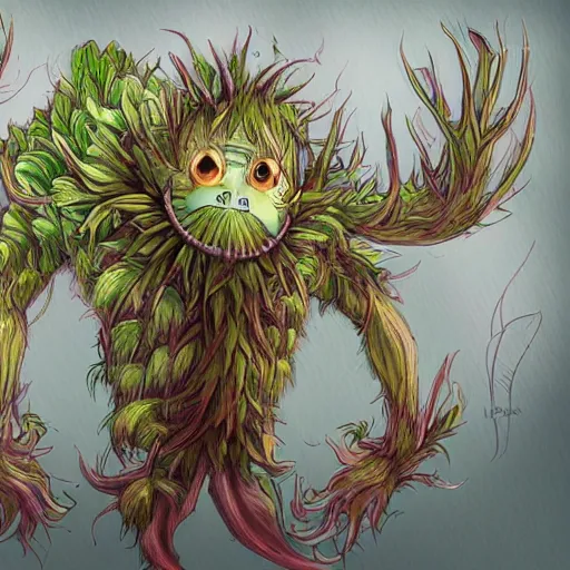 Image similar to A humanoid plant monster, highly detailed, digital art, sharp focus, trending on art station, thistle, artichoke, anime art style