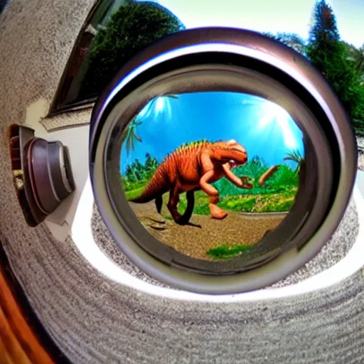 Image similar to fisheye view of dinosaur stealing packages, ring doorbell view