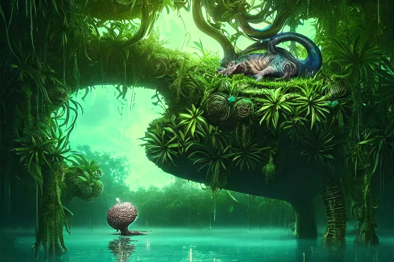 Image similar to cute creature in a lush vegetation, water reflection, night, bioluminescent : : by michal karcz, daniel merriam, victo ngai and guillermo del toro : : ornate, dynamic, particulate, intricate, elegant, highly detailed, centered, artstation, smooth, sharp focus, octane render, 3 d