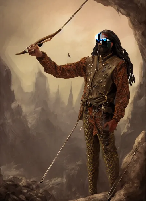 Image similar to snoop dogg as an archer, short beard, grumpy, Ivan Aivakovsky, Boris Vallejo, epic fantasy character art, D&D Concept Art, full length, Realistic, Regal, Refined, Detailed Digital Art, Oil Paining, Exquisite detail, post-processing, masterpiece, Cinematic Lighting, Unreal Engine, 8k, HD, Stanley Artgerm Lau, WLOP, Rossdraws, Frank Frazetta, Andrei Riabovitchev, Marc Simonetti, trending on artstation,