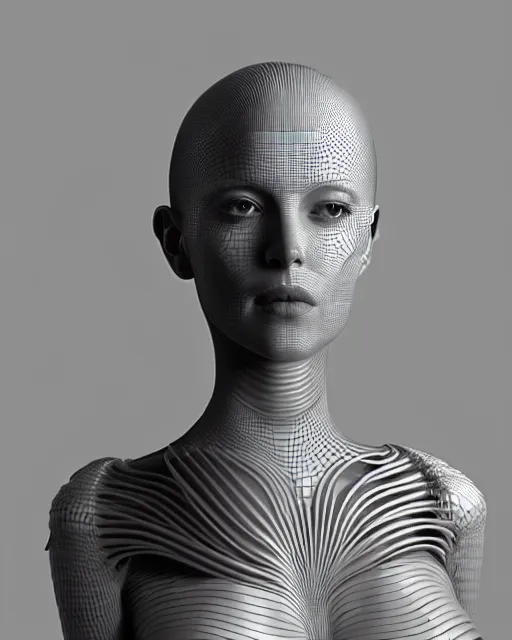 Prompt: 3D render of a beautiful portrait of a young female, elegant, highly detailed, flesh ornate, elegant, high fashion, rim light, ray trace, octane render in the style of H.R. Giger and Man Ray, Realistic, Refined, Digital Art, Highly Detailed, Cinematic Lighting, rim light, photo-realistic Unreal Engine, 8K