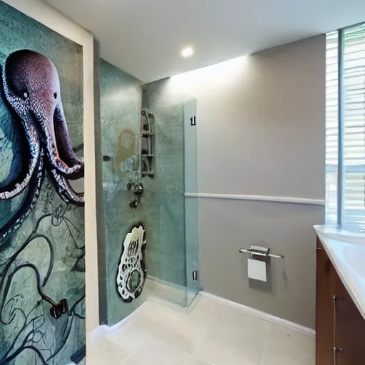 Prompt: an estate agent photo of a quirky bathroom, unreal engine, giant octopus stuffed in the shower