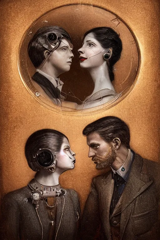 Image similar to a beautiful ultradetailed vintage photo of two cyborgs facing away from each other and looking at their cellphones, by tom bagshaw and anna dittman, couples portrait, vignette, 3 5 mm lens, golden ratio composition, detailed faces, studio photography, very detailed, humanoids, industrial robots, artstation, 8 k, highly coherent