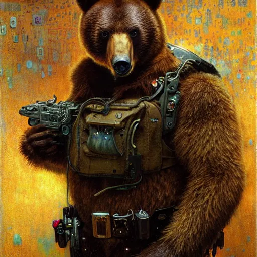 Image similar to portrait of a bear bearman as a police detective. shadowrun furaffiniy cyberpunk fantasy highly detailed painting by gaston bussiere craig mullins jc leyendecker gustav klimt artgerm greg rutkowski john berkey, bergey, craig mullins, ruan jia, raymond swanland, jeremy mann, tom lovell, alex malveda