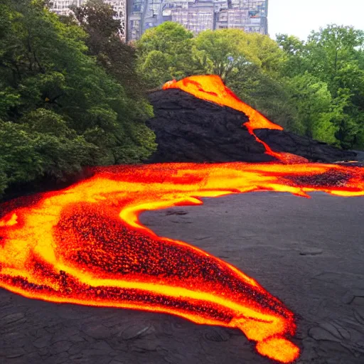 Prompt: award winning photo of a lava flow going through Central Park in New York.