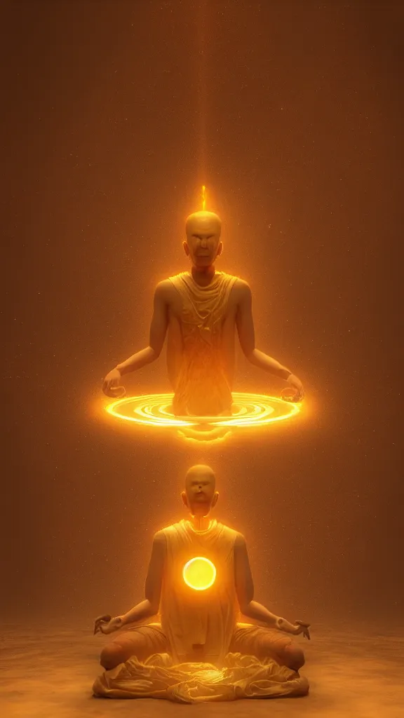 Image similar to a glowing sun monk god meditating in a empty void, fantasy, trending on artstation, octane render, digital art,