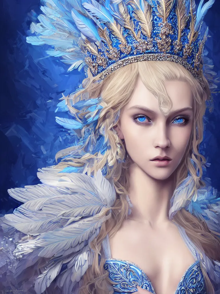 Image similar to A beautiful blonde Slavic woman, highly detailed full body, beautiful blue eyes, detailed intricate blue crown, feathers, wearing fancy clothes, highly detailed figure, fractal crystal, epic composition, ultra wide-shot, dynamic pose, concept art, beautifully lit, digital painting, smooth, desaturated color theme, character design, sharp focus, elegant, intricate, post processing, artstation, by WLOP, James Jean, Victo Ngai, ryohei hase