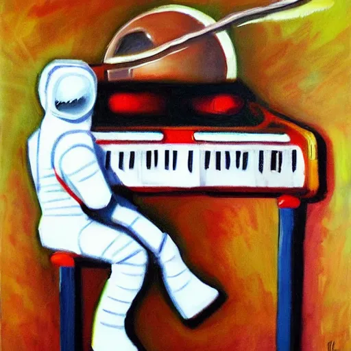 Image similar to oil painting astronaut playing keyboard