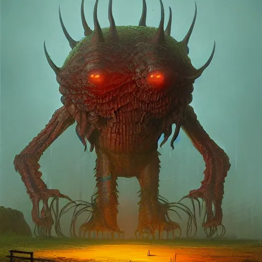 Prompt: giant creature lurking over a cowering smaller creature, epic science fiction horror by Simon Stalenhag and Mark Brooks, extremely detailed