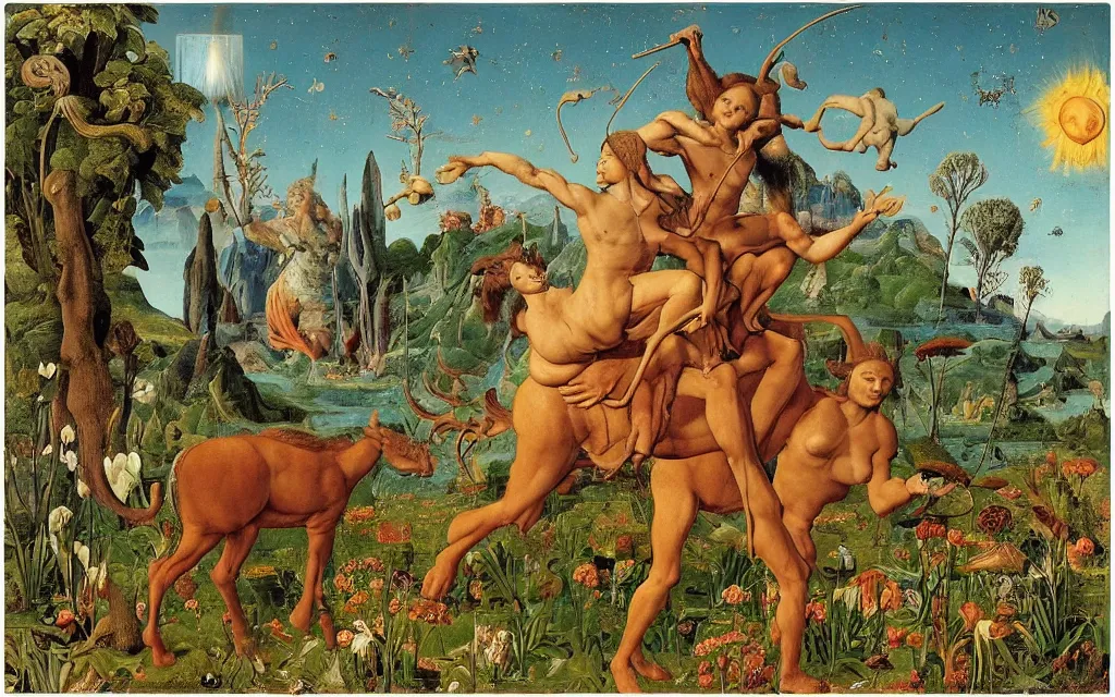 Image similar to a portrait photograph of a meditating satyr and a centaur monk riding a rocket machine and hunting at a river delta. surrounded by bulbous flowers and trees. mountain range under a blue sky of fiery stars. by jan van eyck, max ernst, ernst haeckel, ernst fuchs and artgerm, cgsociety, fashion editorial, 8 k