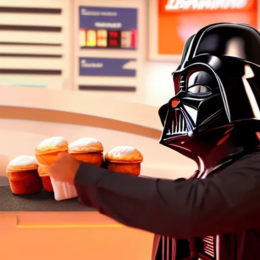 Image similar to darth vador working at dunkin donuts , 8k cinematic lighting, very sharp detail, anatomically correct