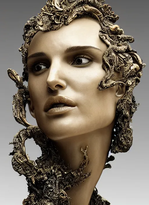 Image similar to marble sculpture of natalie portman, oil slick, palladium veins, dripping, mandelbulb, hypercube, ferrofluid, ivory carving, fractal paisley inlay, lace, intricate, elegant, highly detailed, gold inlay, metallic, ivory, artgerm, lace, by ruan jia, greg rutkowski, mucha, zbrush, nick alm