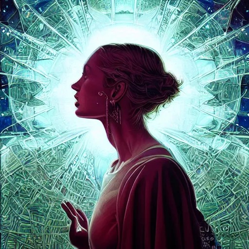 Image similar to beautiful portrait of intelligence, spatial space deformation in latent space, math art, astral plane, key light, by artgerm and dan mumford and gustave dore