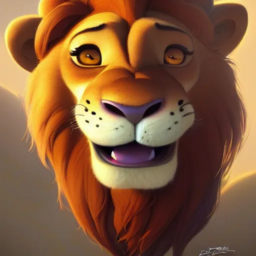 Prompt: portrait of a cartoon lion smiling, medium shot, zootopia, fantasy, intricate, cinematic lighting, digital painting, artstation, concept art, smooth, sharp focus, pixar zootopia illustration, art by artgerm and greg rutkowski and disney, detailed textures, award winning portrait studio lighting by jessica rossier and brian froud and gaston bussiere