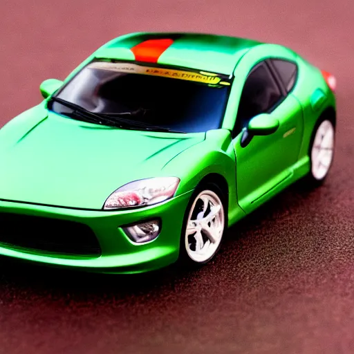 Image similar to a woman driving a Jada toys mitsubishi eclipse green diecast car, high resolution macro photo, viewed through the cars window