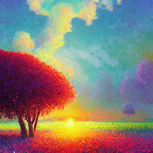 Image similar to head made of flowers, standing in a flower field, big trees, sunrise dramatic light, impressionist painting, colorful clouds, digital painting, pointillism, artstation, simon stalenhag