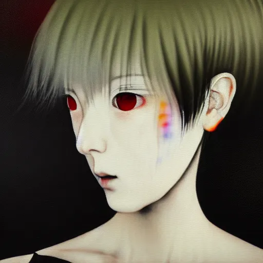 Image similar to yoshitaka amano blurred and dreamy realistic three quarter angle portrait of a young woman with short hair and black eyes wearing office suit with tie, junji ito abstract patterns in the background, satoshi kon anime, noisy film grain effect, highly detailed, renaissance oil painting, weird portrait angle, blurred lost edges