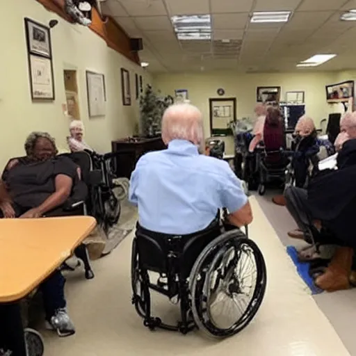 Image similar to photo of Joe Biden in a wheelchair at the senior center