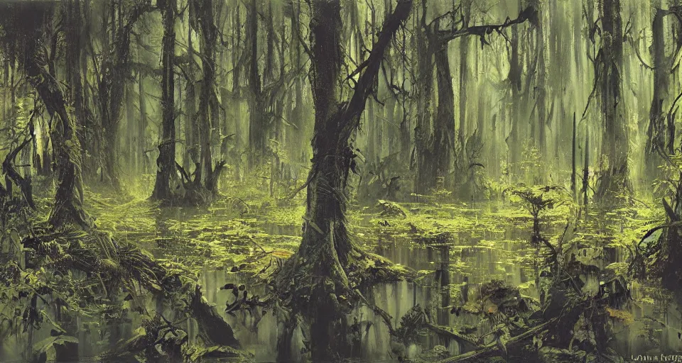 Image similar to A dense and dark enchanted forest with a swamp, by John Berkey