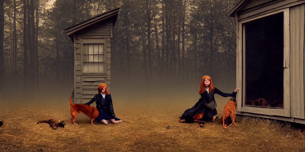 Image similar to portrait bust of emma stone petting a dog, solemn expression, faded color film, russian cinema, tarkovsky, kodachrome, old cabin, next to window, heavy forest outside, long brown hair, old clothing, heavy fog, hudson river school, 4 k, dramatic lighting, greg rutkowski