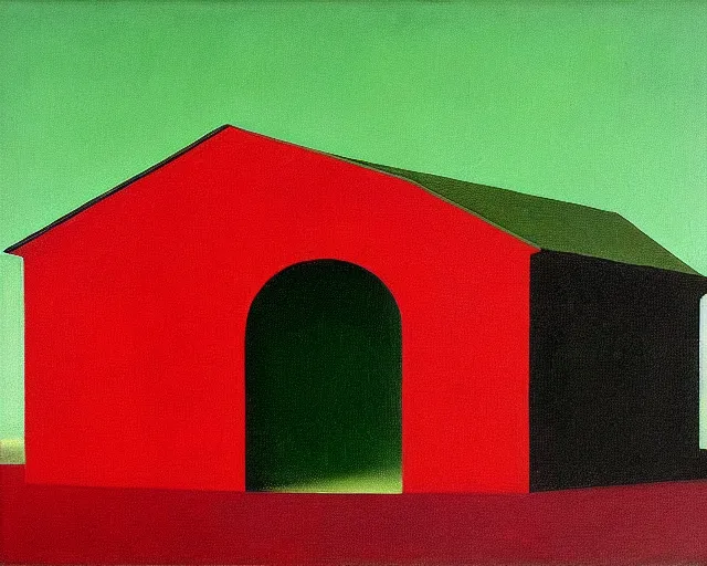 Prompt: a green, red, and black painting by Magritte