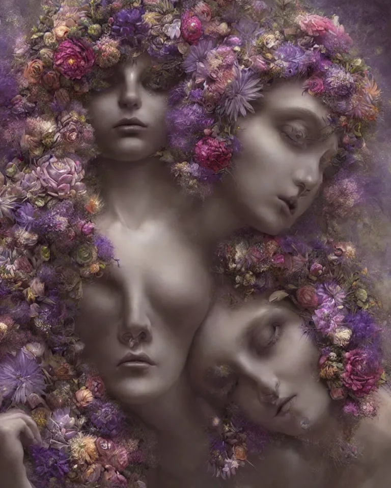 Image similar to a sculpture of interlaced gorgeous etherial females, made of mist, made of flowers, a digital painting by Andrew Ferez, Charlie Bowater, Marco Mazzoni, Seb McKinnon, Ryohei Hase, trending on cgsociety, featured on zbrush central, new sculpture, mystical