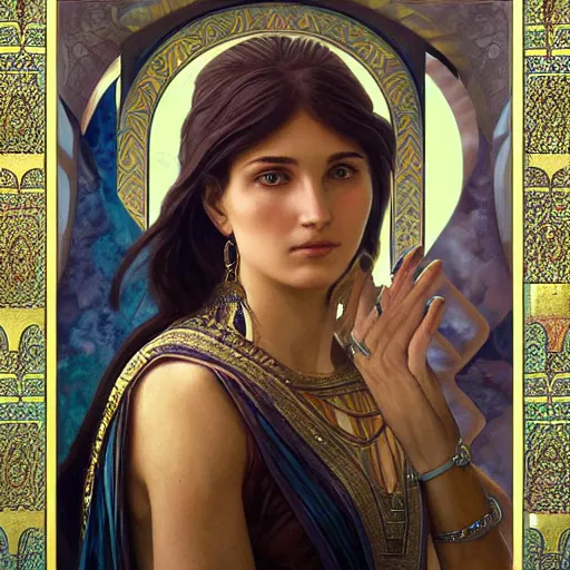 Prompt: a beautiful portrait of a woman inspired by the ishtar gate in ancient babylon. highly detailed face. art by artgerm and greg rutkowski and alphonse mucha