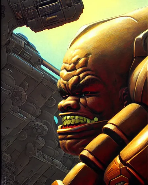 Image similar to doomfist from overwatch, character portrait, portrait, close up, concept art, intricate details, highly detailed, vintage sci - fi poster, retro future, vintage sci - fi art, in the style of chris foss, rodger dean, moebius, michael whelan, and gustave dore