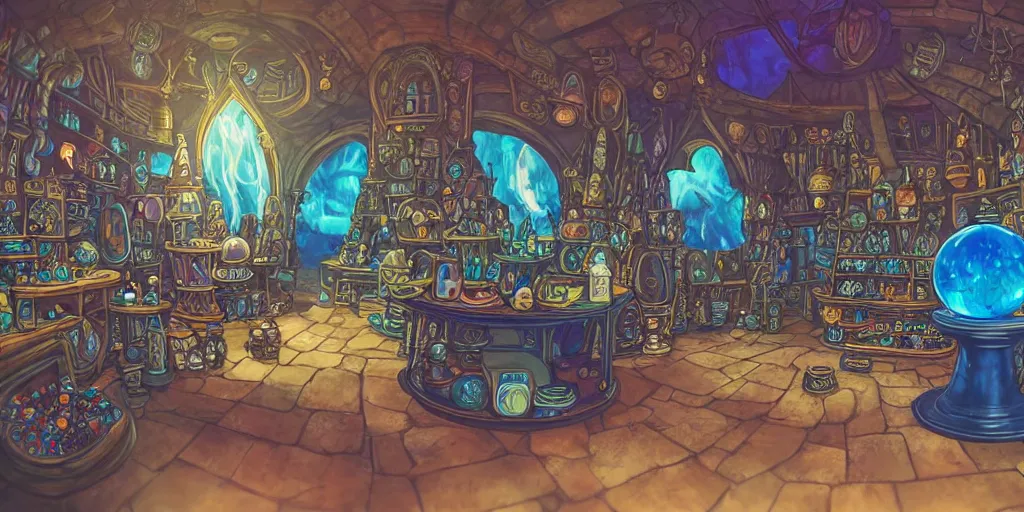 Image similar to inside a magical item shop, fantasy potion vendor interior, a black crystal ball with blue lightning, studio ghibli studio art style, wide angle, gothic interior