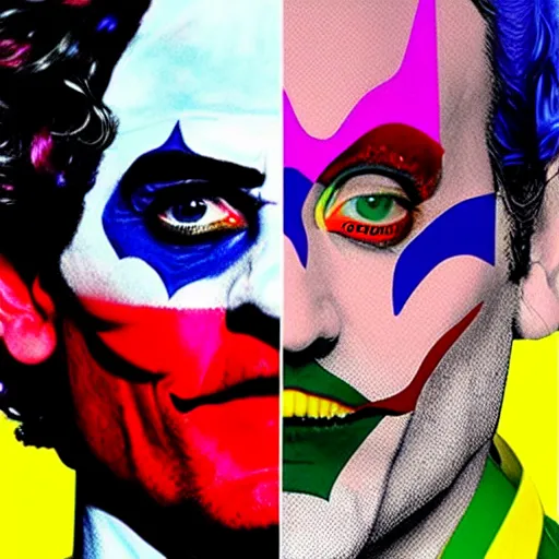 Image similar to richard hamilton and mimmo rottela as lady gaga harley queen and joaquin phoenix joker, pop art, 2 primary color, justify content center, object details, dynamic composition, 4 k, ultra realistic art, smooth, sharp focus, illustration, concept art, intricate details, h 7 6 8