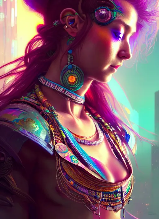 Prompt: hyper detailed ultra sharp of a beautiful shaman trance girl. trending on artstation, cyberpunk aesthetic, psywave, colorful, psychedelic, ornate, intricate, digital painting, concept art, smooth, sharp focus, illustration, art by artgerm and greg rutkowski and alphonse mucha, 8 k
